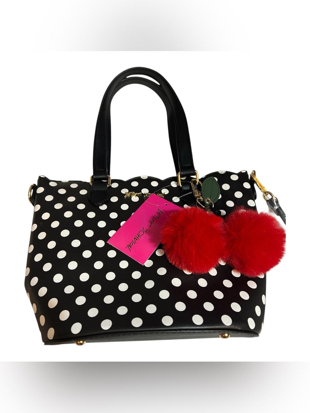 Betsey Johnson Black White Polka Dot Satchel Crossbody w/ Red Pom Pom Charm NWT